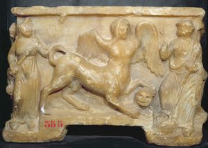 Funeraire urn die Oedipus en de Sfinx afbeeldt